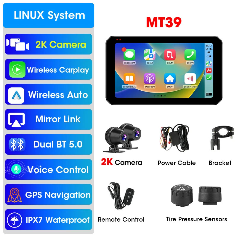 5.5″ Motorcycle DVR 2K Dual Camera GPS Navigation Wireless Carplay Android Auto