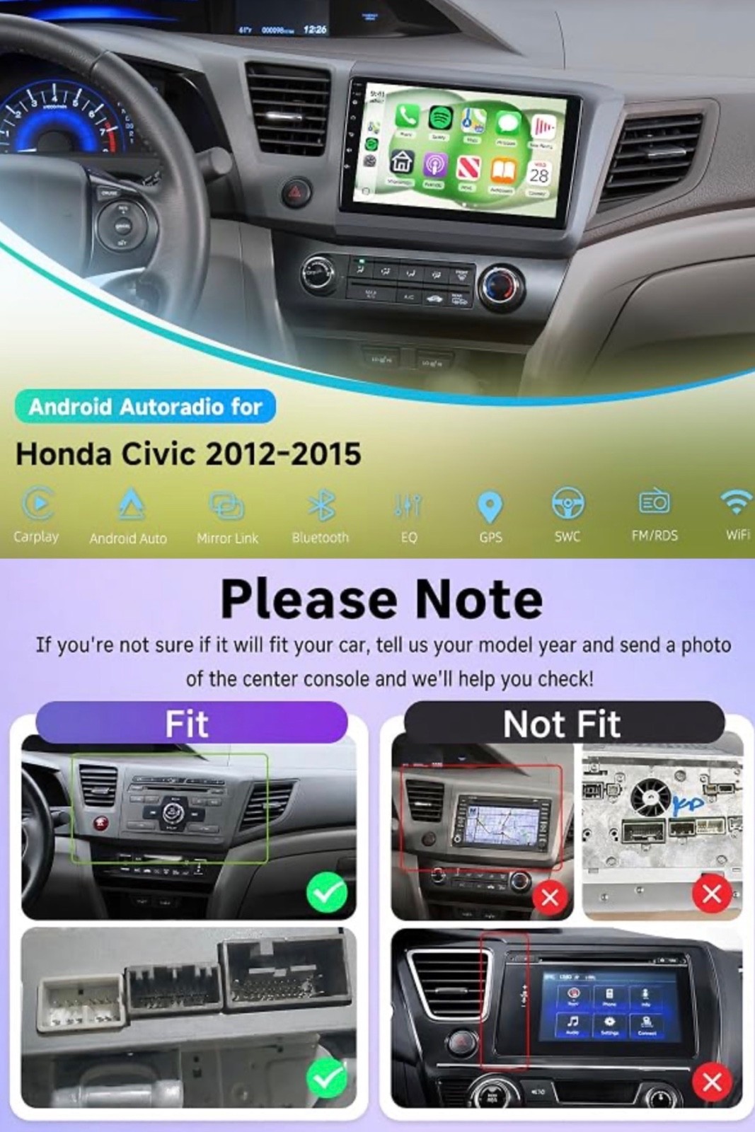 9”inch Car Stereo Radio for Honda Civic2012-2015 Android 15 4+64GB GPS BackupCam