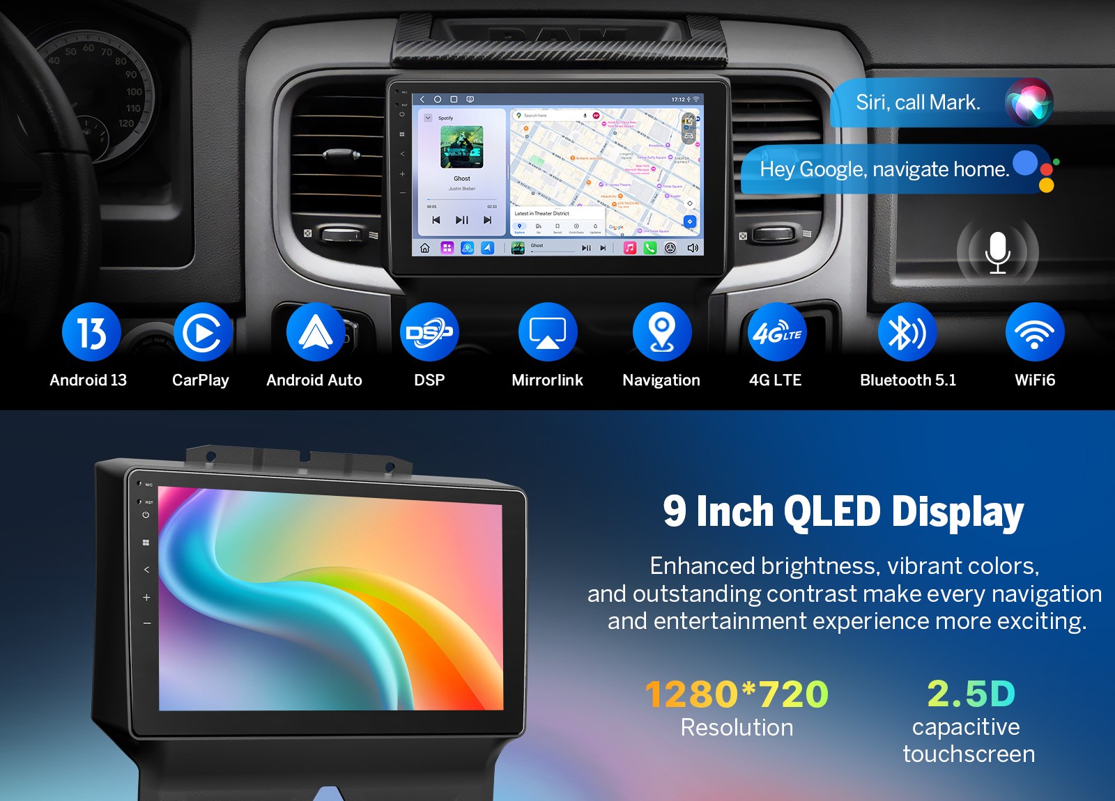 For RAM 1500 Classic 2019-2024 QLED 9″Android 13 Car Radio CarPlay Bluetooth GPS