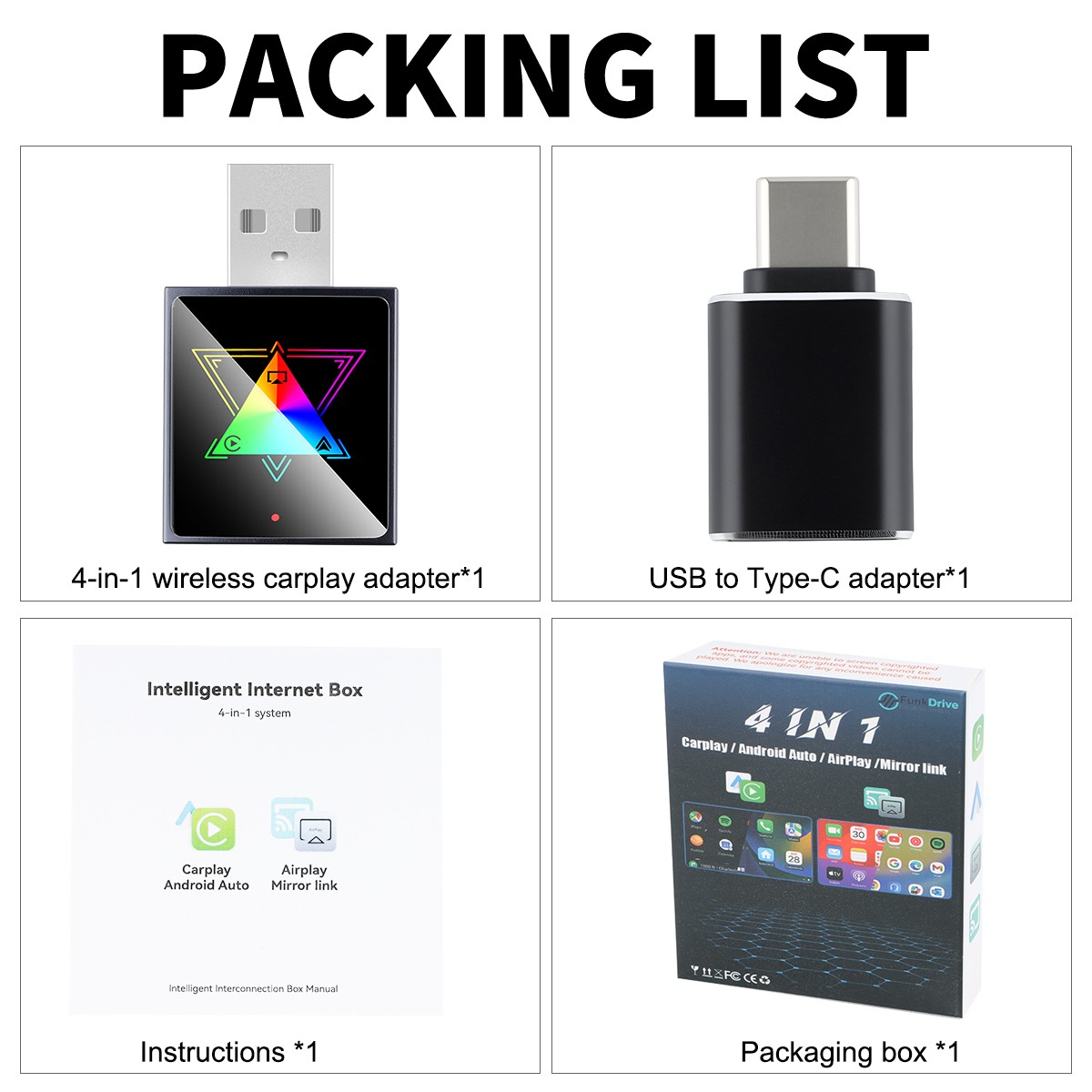 Metal Glass 4-in-1 New Android Auto Box/Wireless CarPlay For Android 11+ iOS 10+