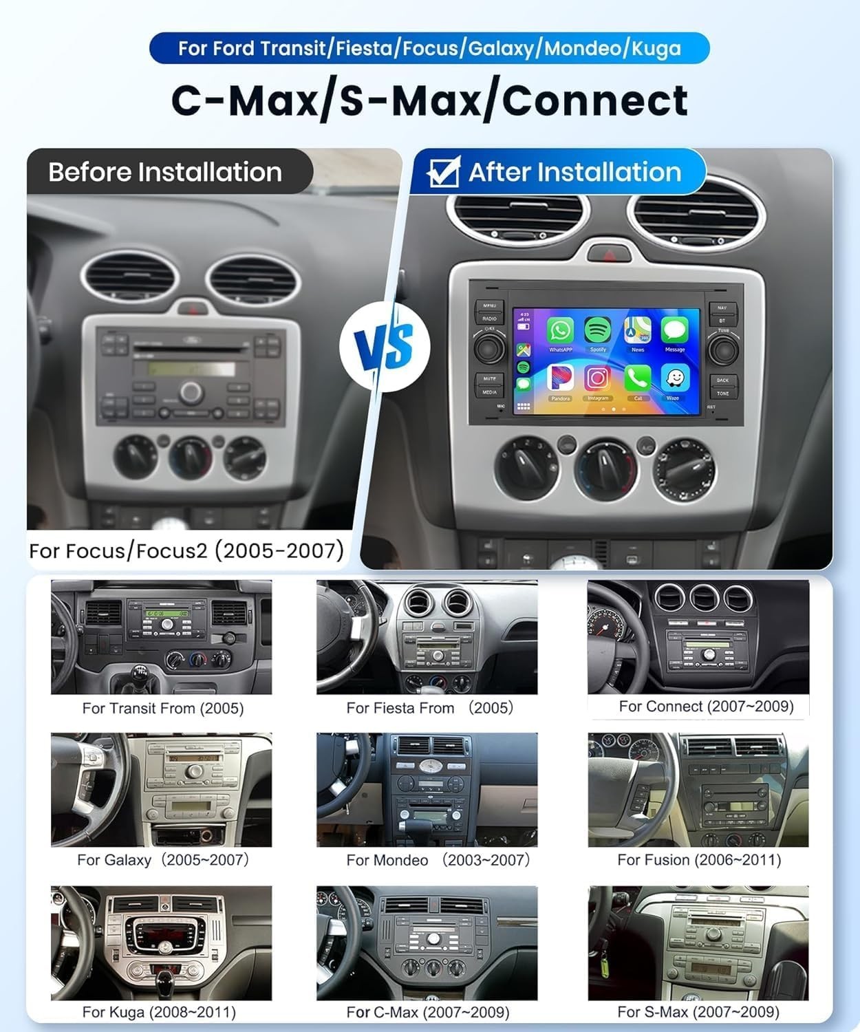 Podofo 7″ Car Stereo for Ford Fiesta/Focus/Transit Wireless CarPlay Android Auto