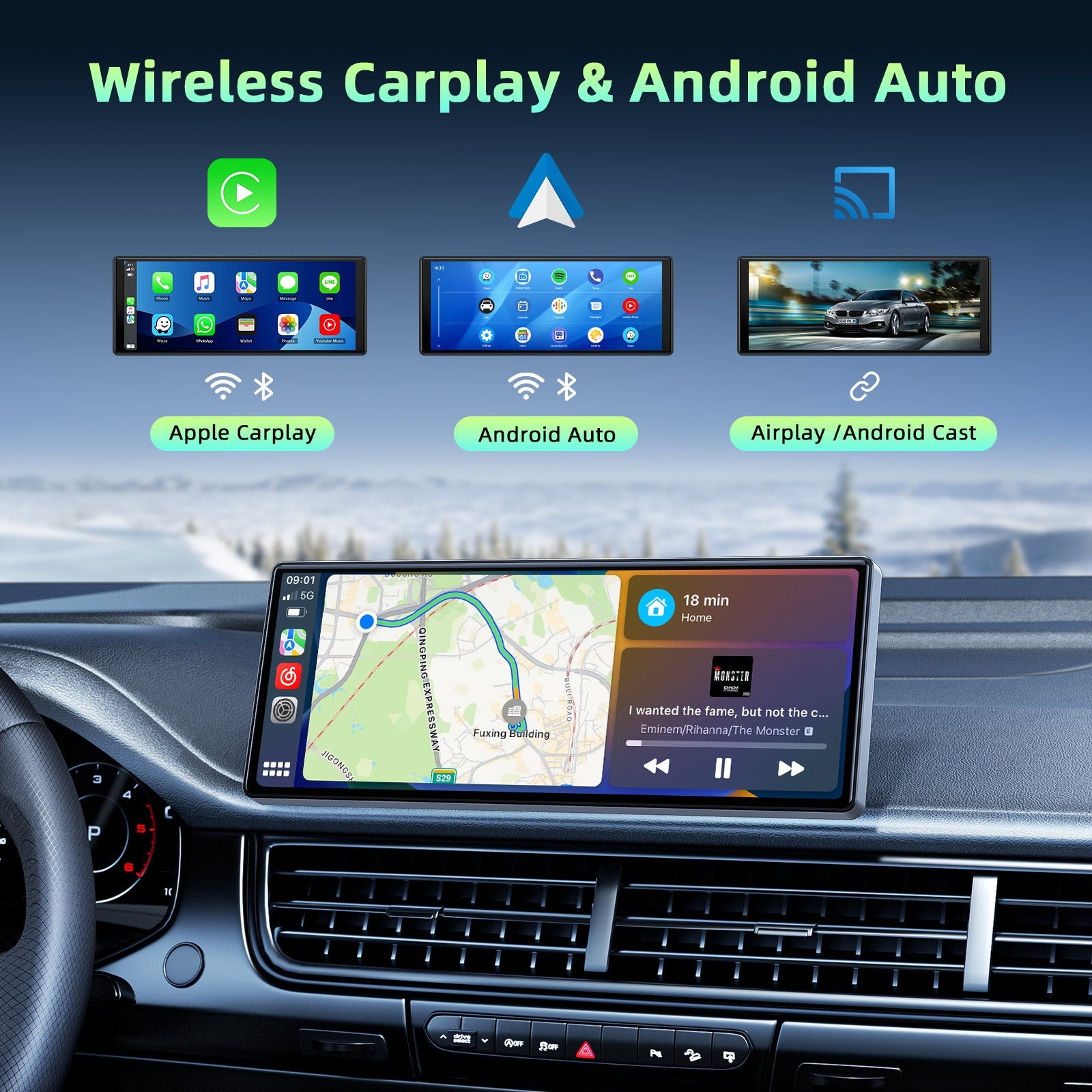 Wireless Carplay Screen for Car, 10.26″ Portable Car Stereo Radio Touch Screen