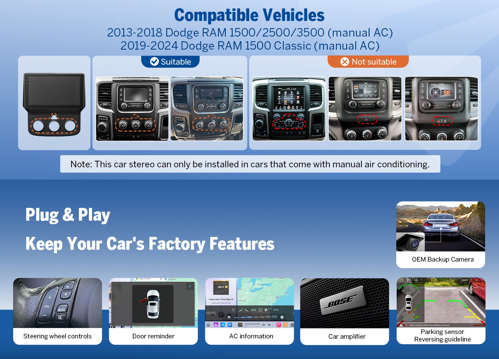 For RAM 1500 Classic 2019-2024 9″Android Auto QLED 6+64 Car Stereo Apple CarPlay