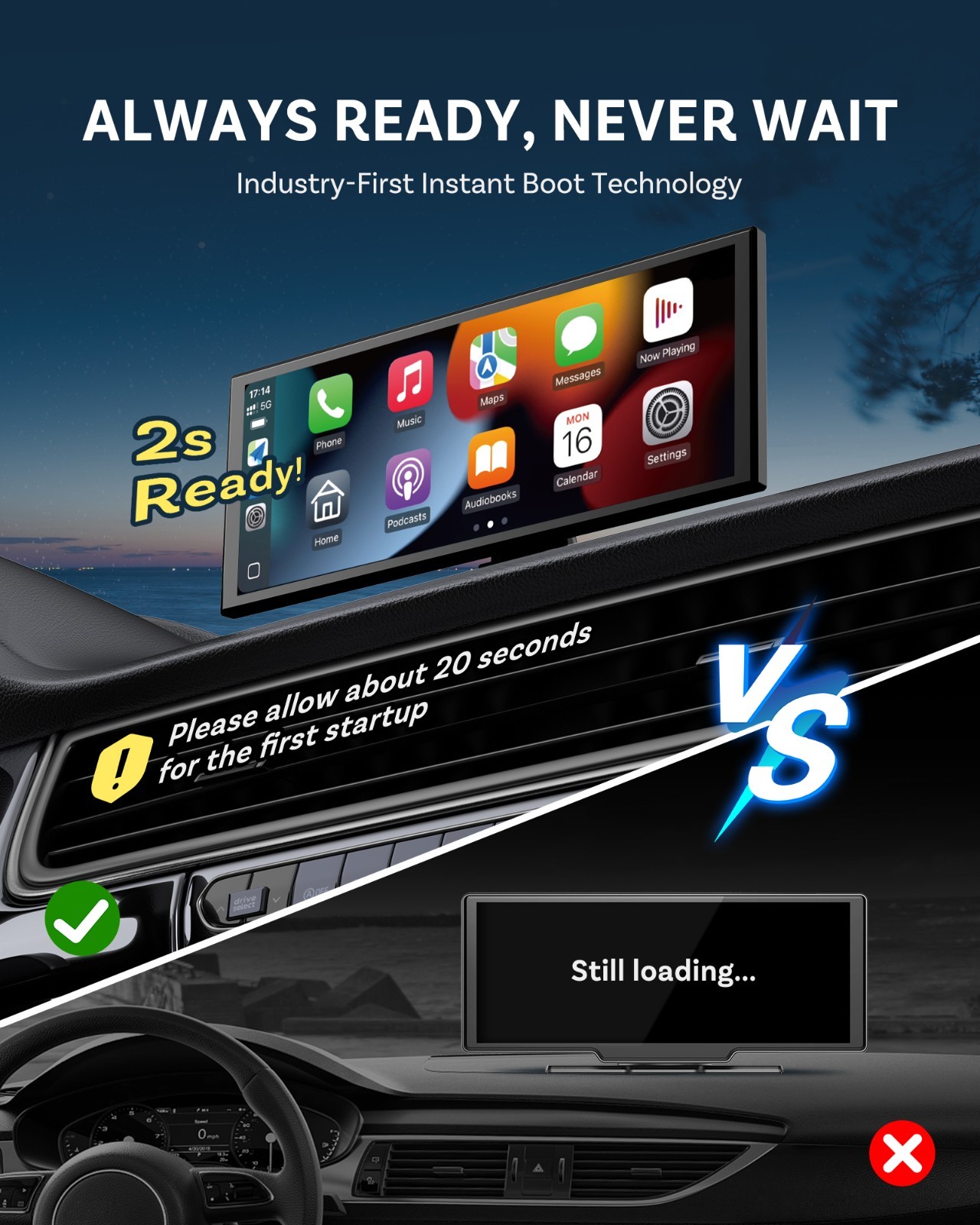 Ottocast AI Touch Screen 11″ AI-Gemini & Video Wireless Carplay+Android w/Camera