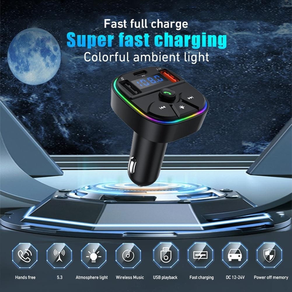 Wireless Car for fm Transmitter with Dual USB A and USBC Charging Ports MP3