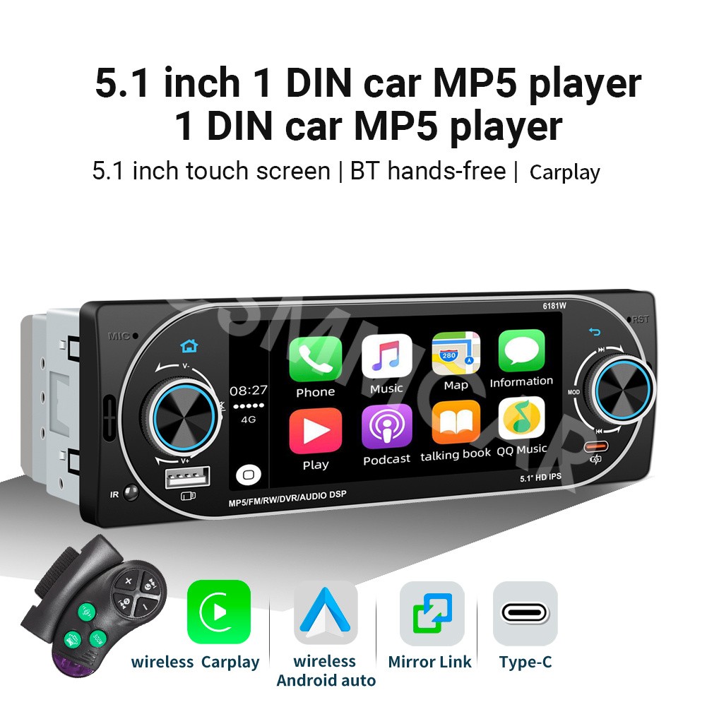 Car Radio Touch Screen MP5 Player USB Type-C BT FM/RDS W/Steering Wheel Control