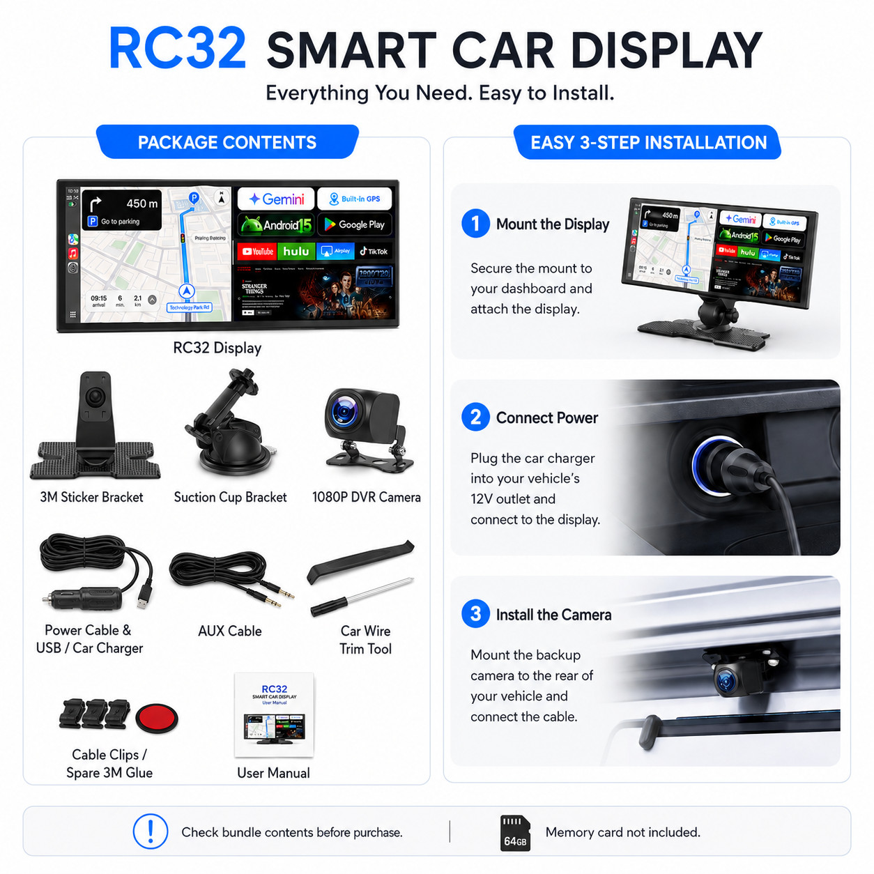 LAMTTO RC32 11″ Portable CarPlay Screen Android 15 Wireless Android Auto GPS