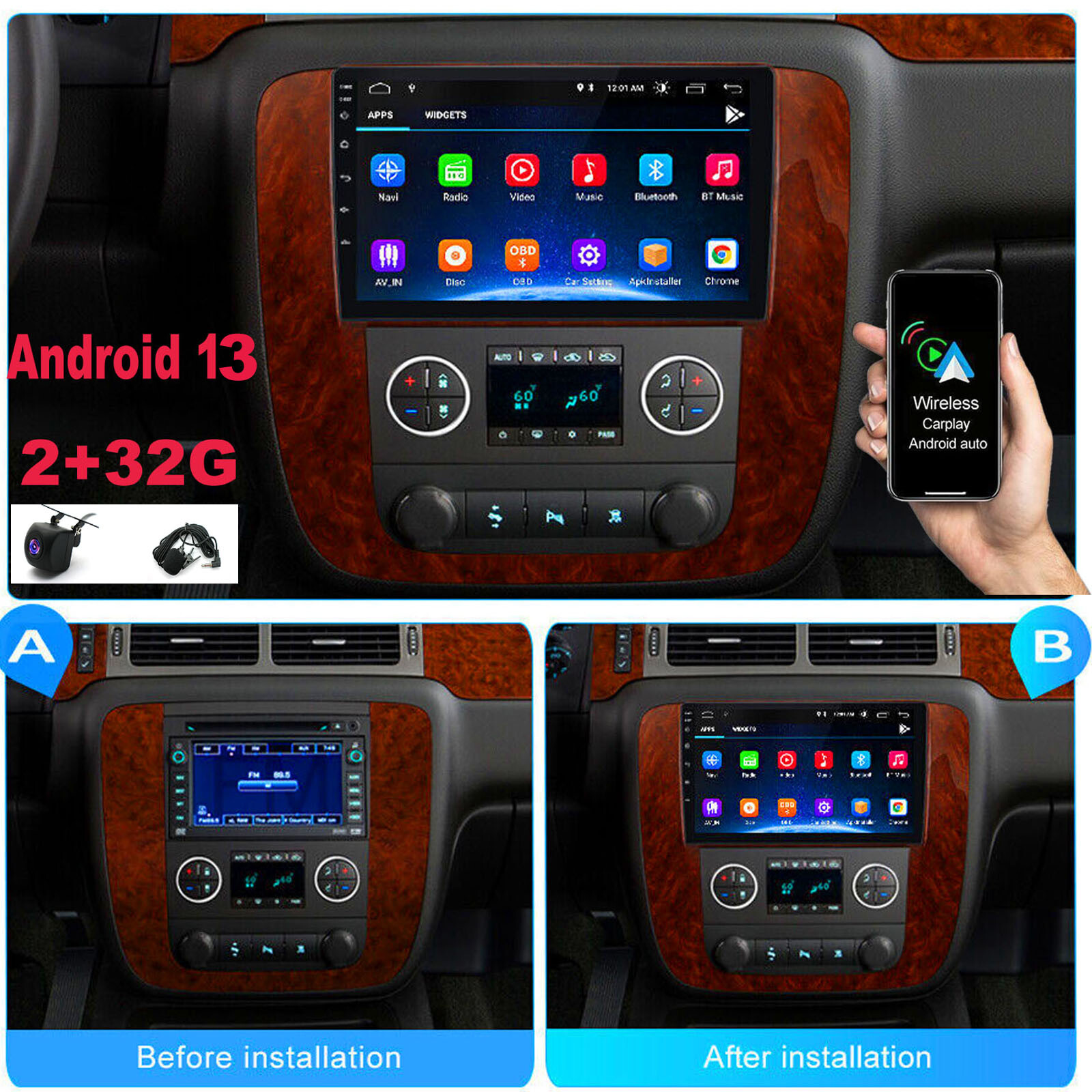 Android 13 Radio 2+32GB GPS Carplay DSP For Chevy Tahoe Suburban GMC Yukon 06-14