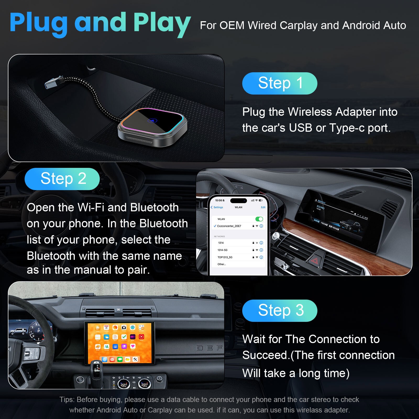 ✅2in 1 Wireless Apple CarPlay/Android Auto Adapter Dongle USB/Type C Plug & Play