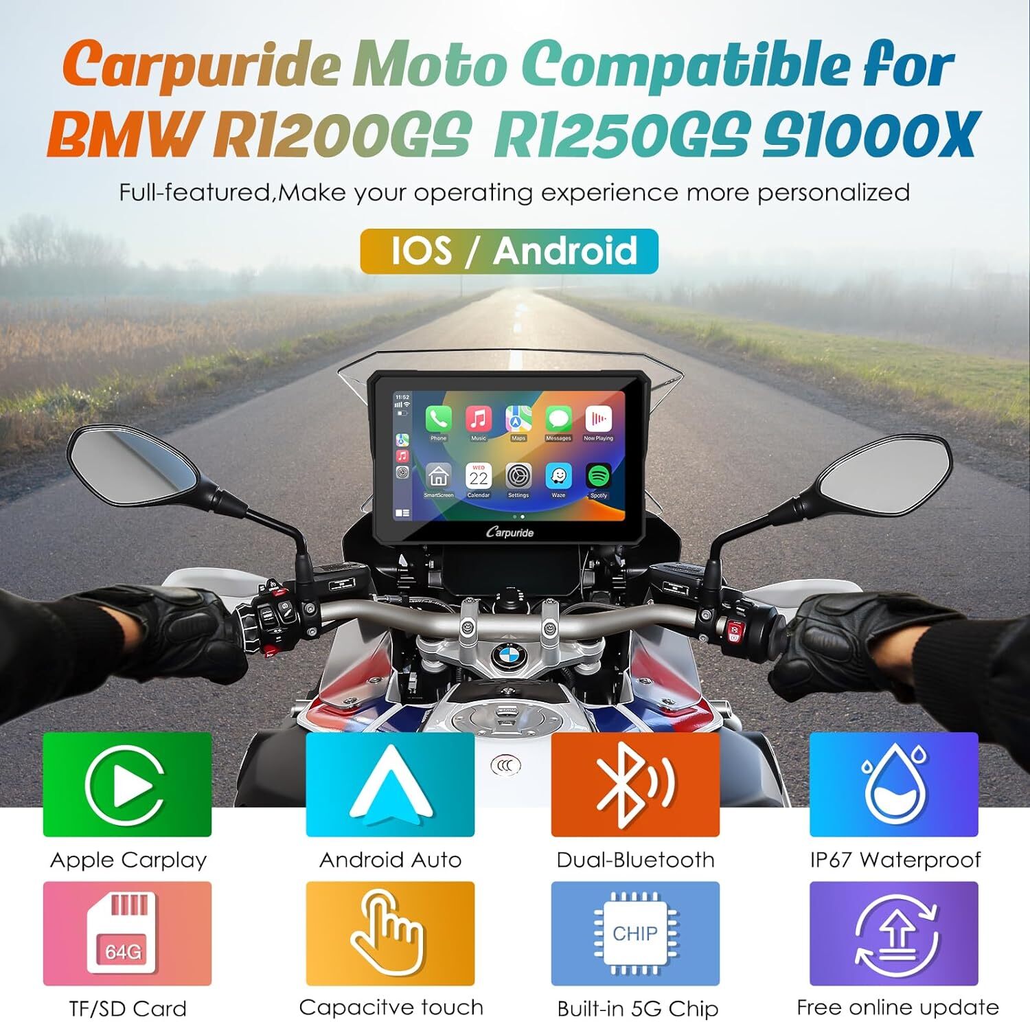 Carpuride W502B Carplay Android Auto Waterproof Touchscreen GPS Navigation Moto