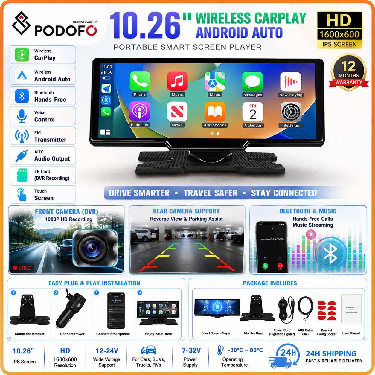 10.26” Wireless Apple CarPlay Android Auto Car Stereo Touchscreen BT GPS