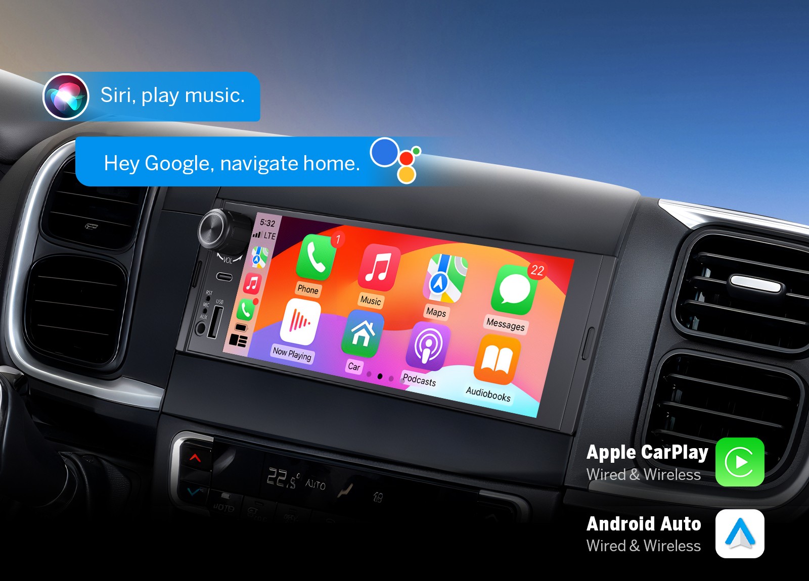Wireless CarPlay Android Auto 1DIN 6.28″ Car Receiver Stereo Radio Bluetooth GPS