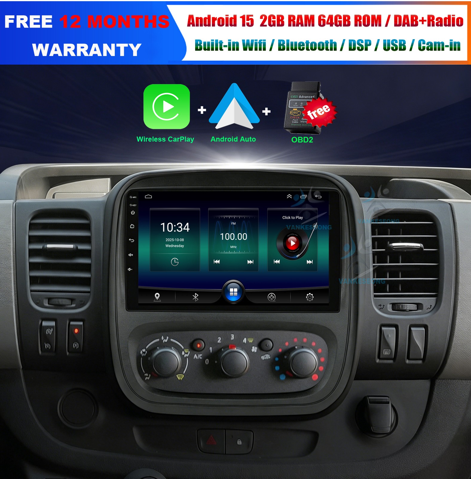 For Renault Trafic 3 2014-2021 9″ 64GB Android15 Car Stereo BT CarPlay GPS SatNav