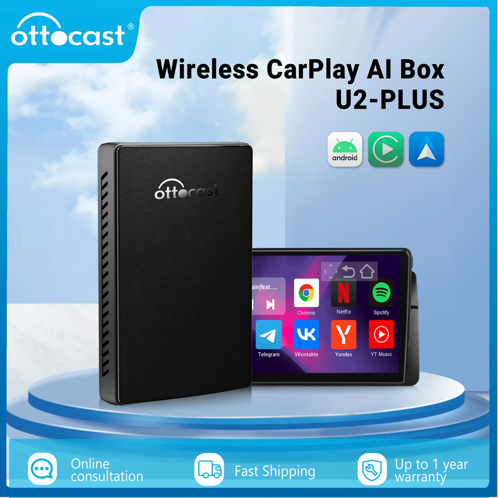 Ottocast Wireless Carplay AIBOX Android Auto Android 9 Car TV Box w/Google Store
