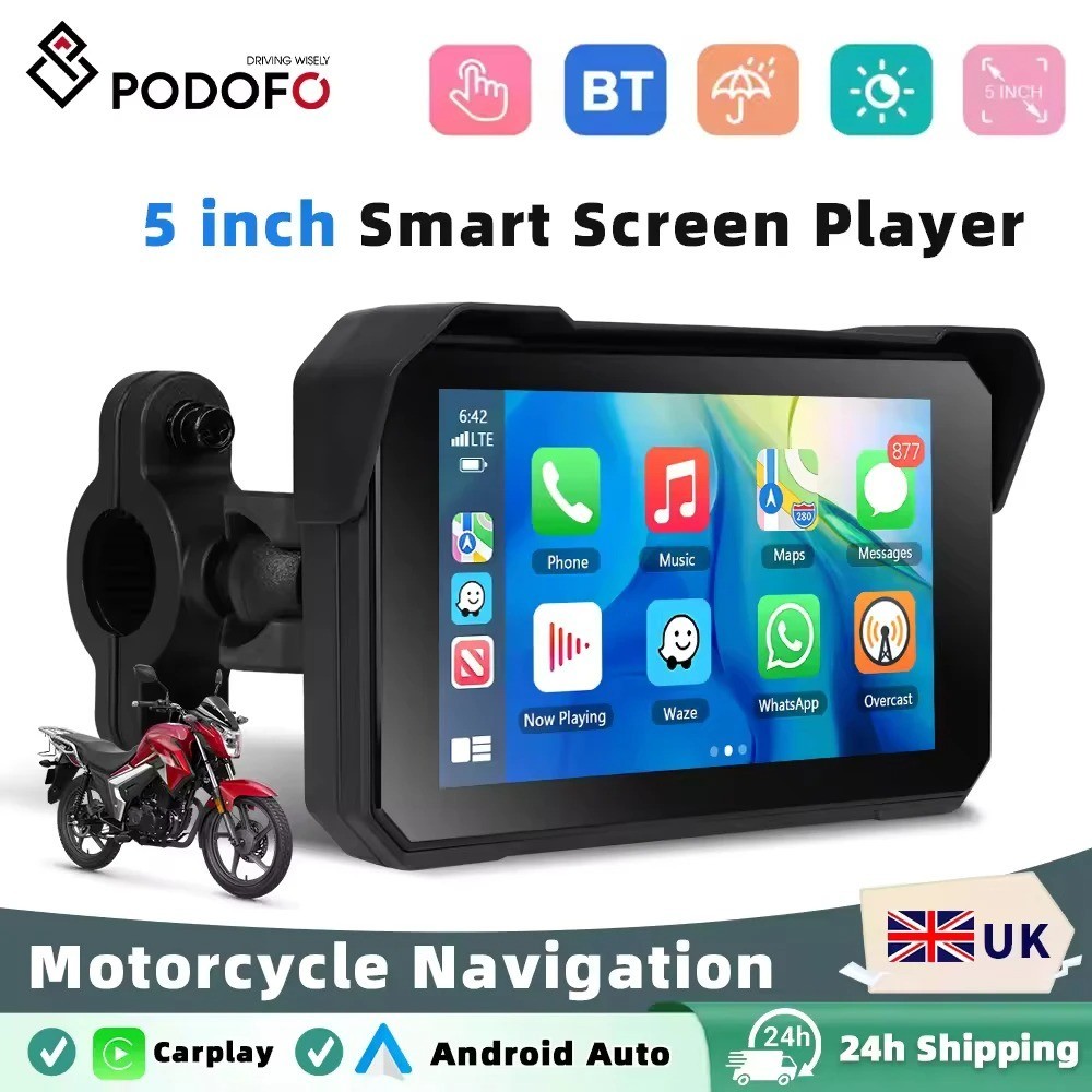 Podofo Wireless CarPlay Android Auto 5″ Smart Player Bluetooth EQ Motorcycle