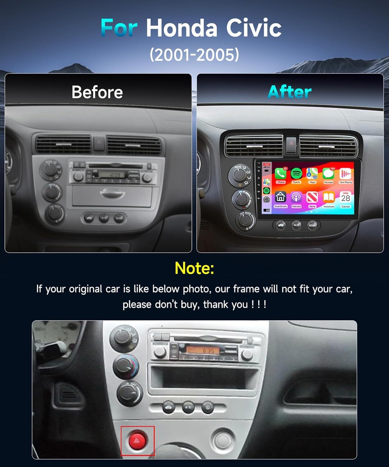 2+32G For Honda Civic 2000-05 Carplay 9” Car Stereo Radio Android15 NAVI FM RDS