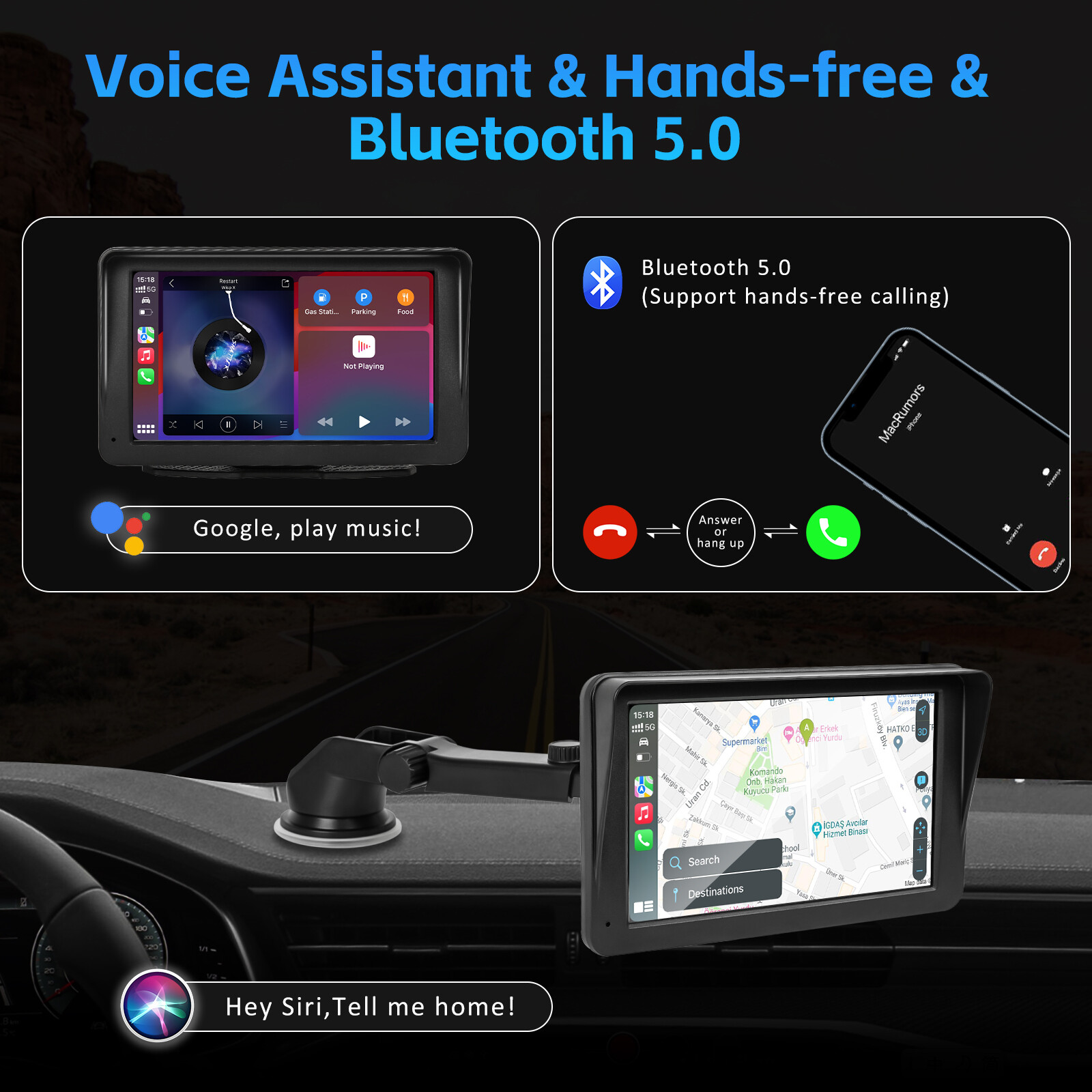 7 Inch Portable Car Radio Wireless Touch Screen Fit Apple Carplay & Android Auto