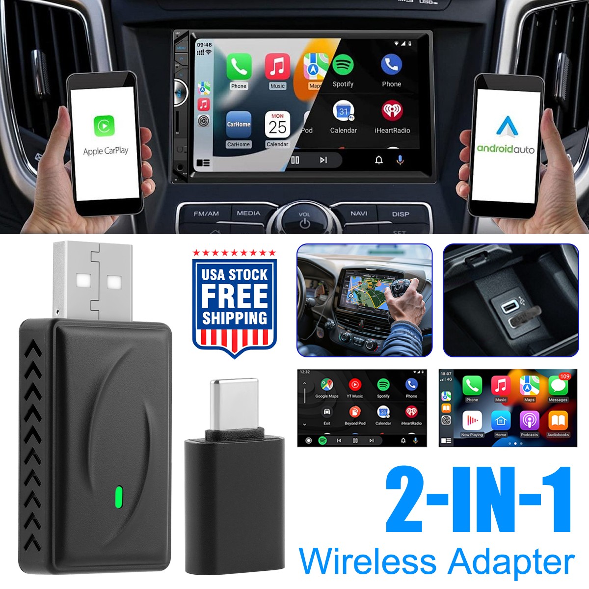 2 in 1 Wireless Android Auto Adapter Carplay Adapter USB Car Dongle Connect Box.