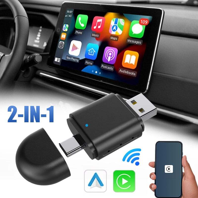 2-in-1 Wireless CarPlay Android Auto Adapter Plug & Play USB for iPhone IOS
