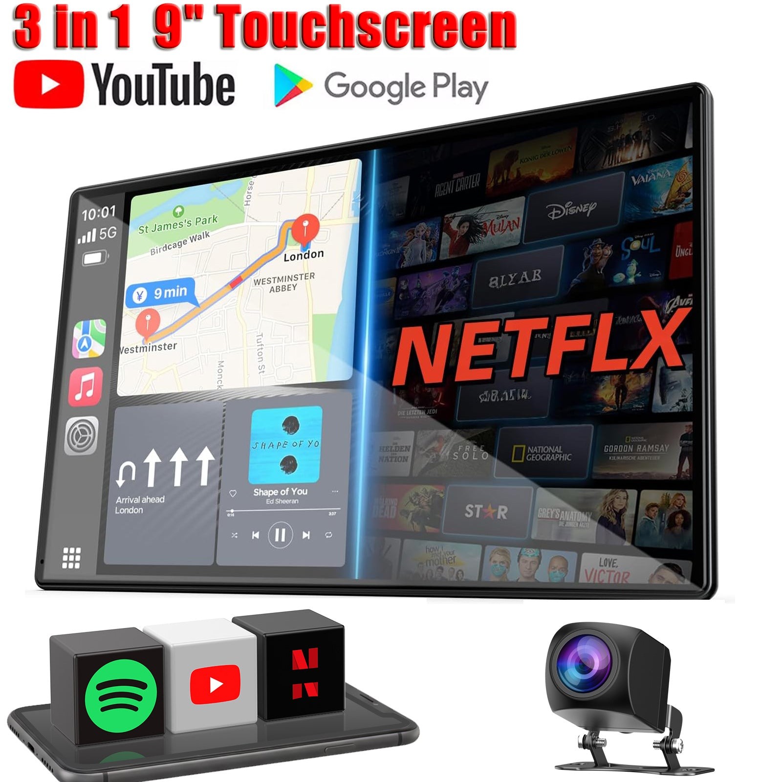 3-in-1 9’Carplay Screen Wireless AI Video BOX with Net-Flix YouTube Touchscreen