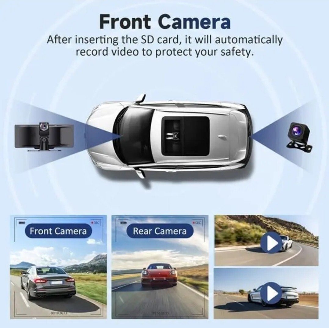 10.26 Inch Car Video Player Front & Rear Cameras Wireless Bluetooth Touchscreen