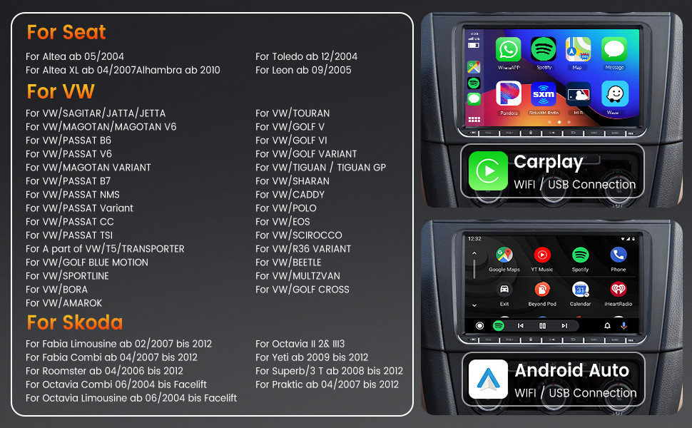 Podofo 2G+64G Car Stereo with Wireless Carplay Android Auto, 9″ Touch Screen