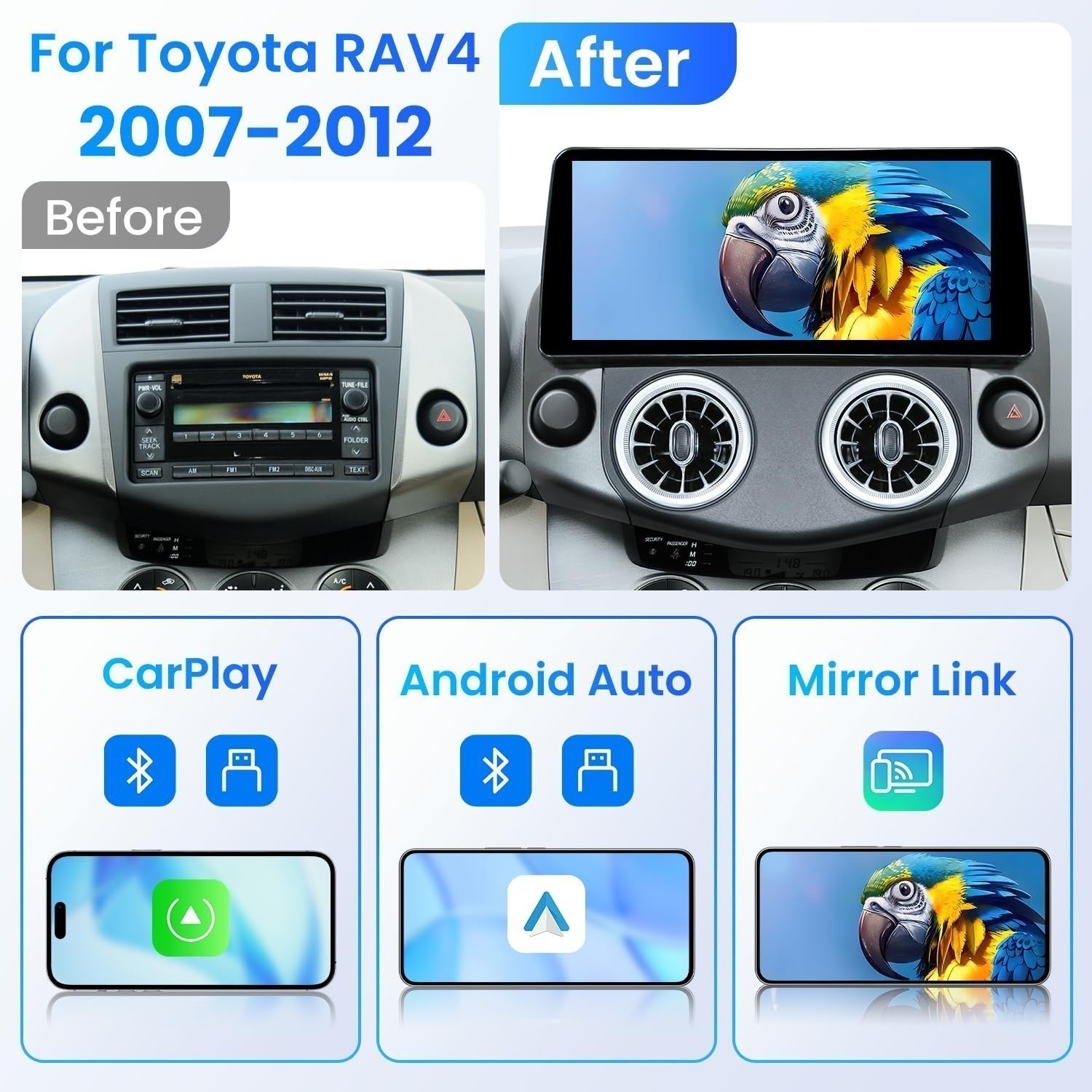 Car Radio Stereo Carplay For 07-12 Toyota RAV4 4+64G 12.3in Audio In-Dash Units