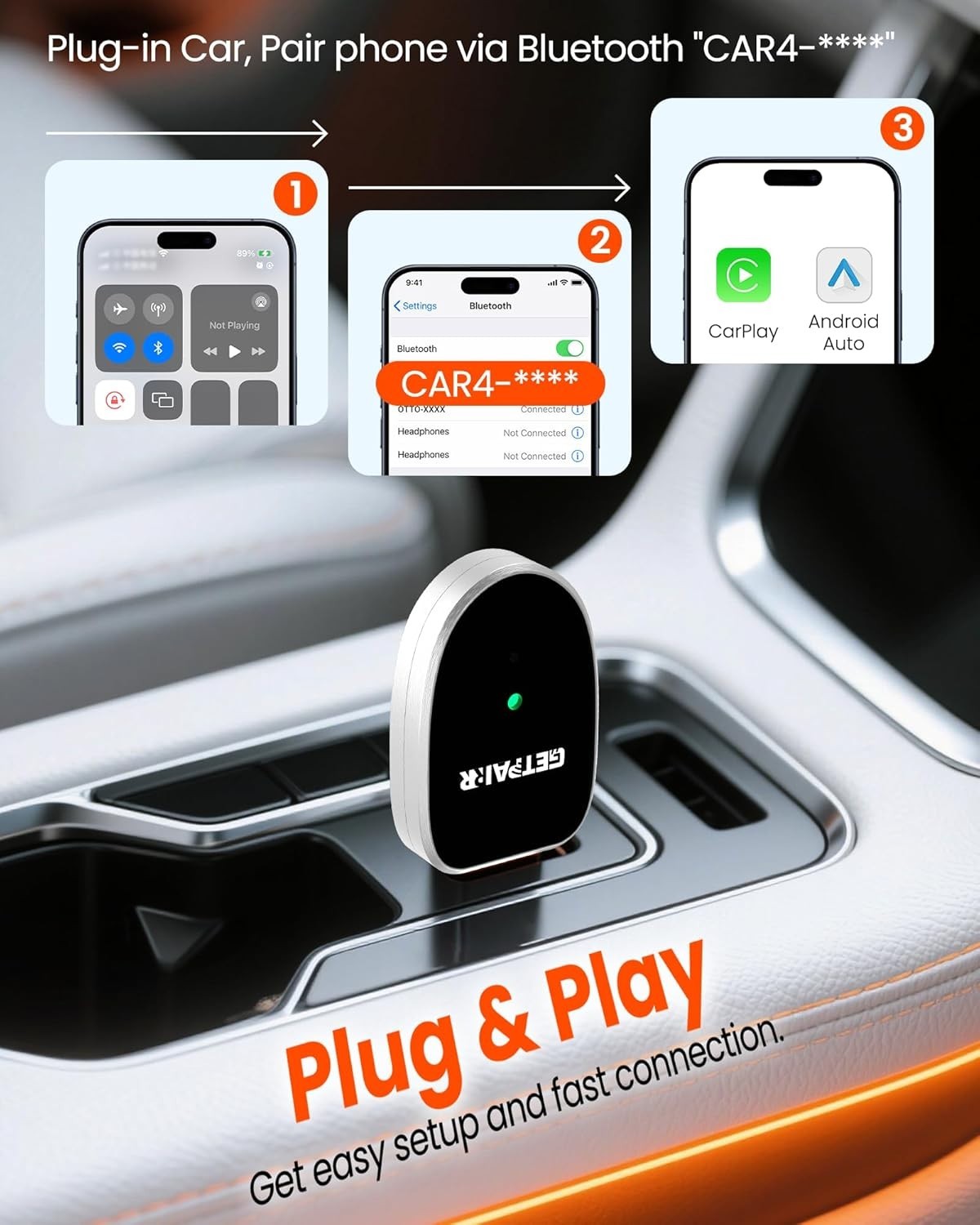 GetPairr Mini 2-in-1 Wireless Adapter for CarPlay & Android Auto Plug & Play