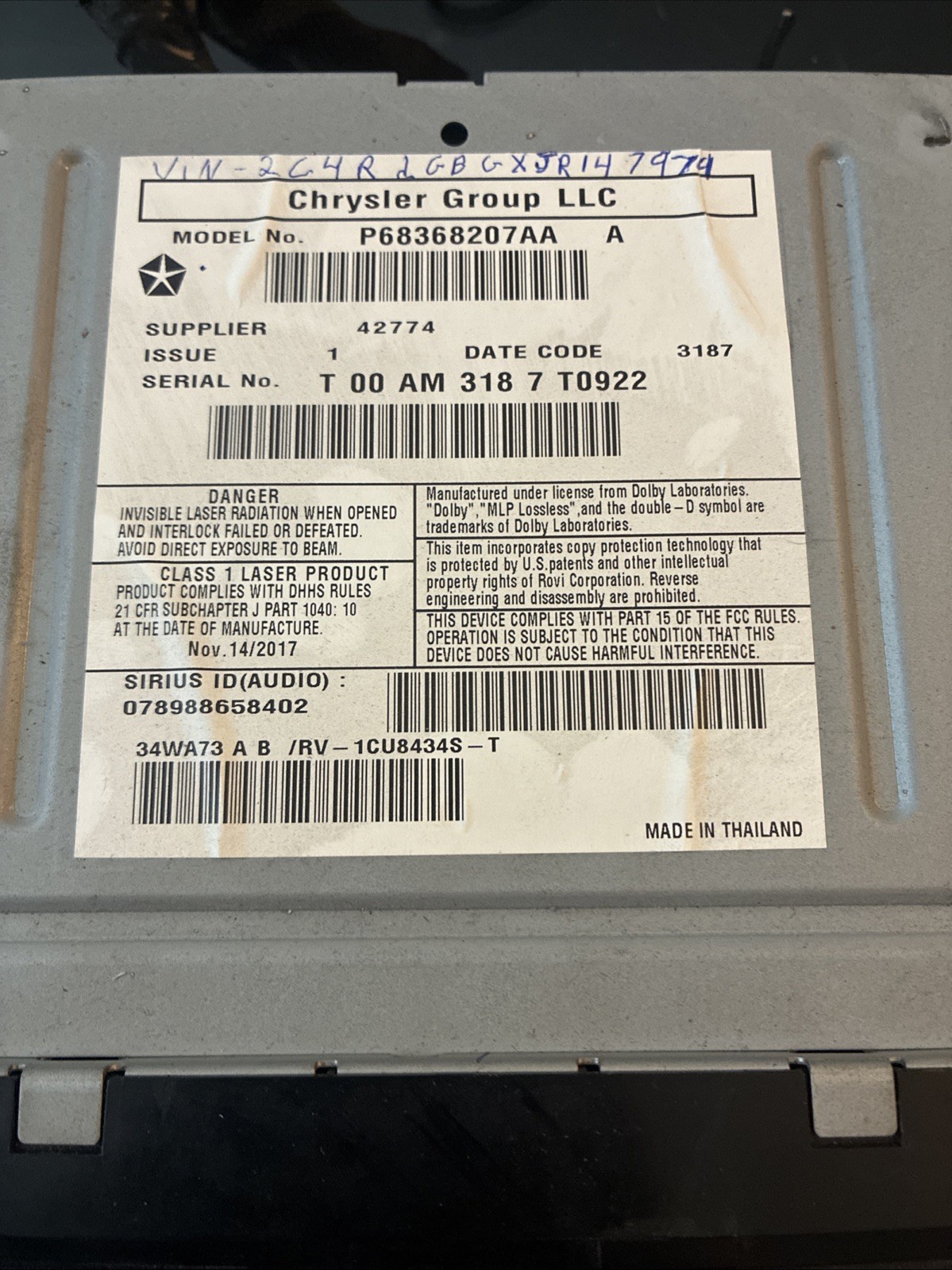 2016-2020 DODGE GRAND CARAVAN AM FM CD PLAYER RADIO RECEIVER OEM P68368207AA