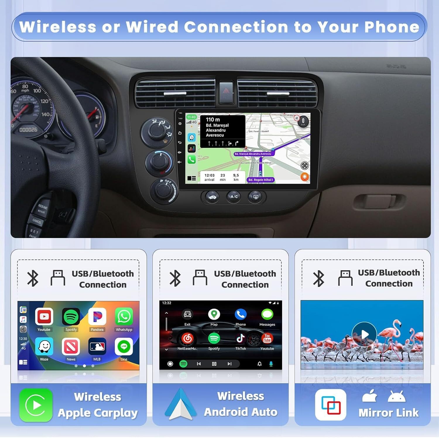 Android 32G Car Play GPS Stereo FM RDS Radio For Honda Civic 4-Door 1.7L 2000-05