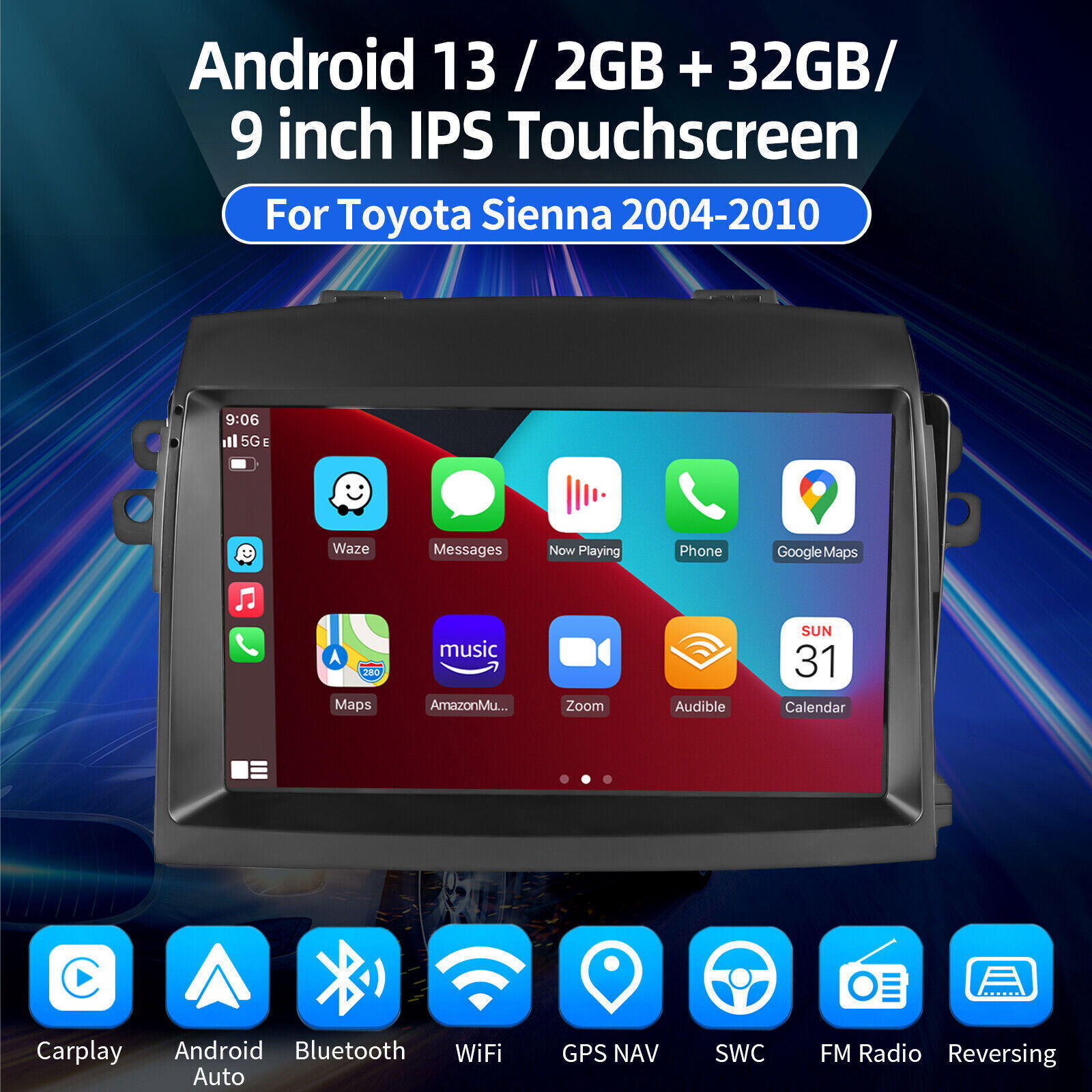 10.1” For Toyota Sienna 2004-2010 Android15 CarPlay Car Radio Stereo GPS 4+64GB