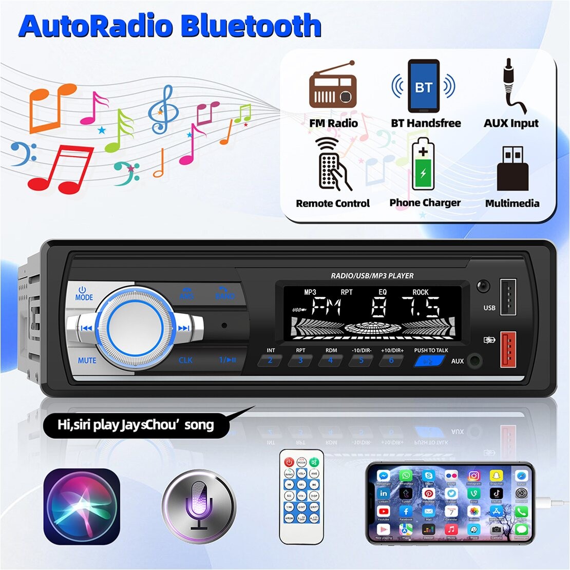 Car Radio Audio 1din BT Stereo MP3 Player FM/AUX/USB/TF In Dash Kit