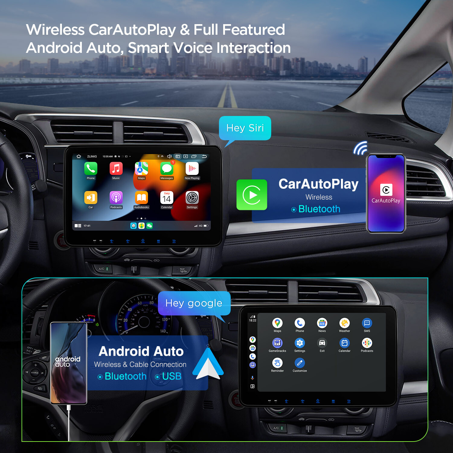 DVR+ 10.1” QLED Double 2DIN WiFi Android 13 8-Core CarPlay Stereo GPS 4G LTE BT