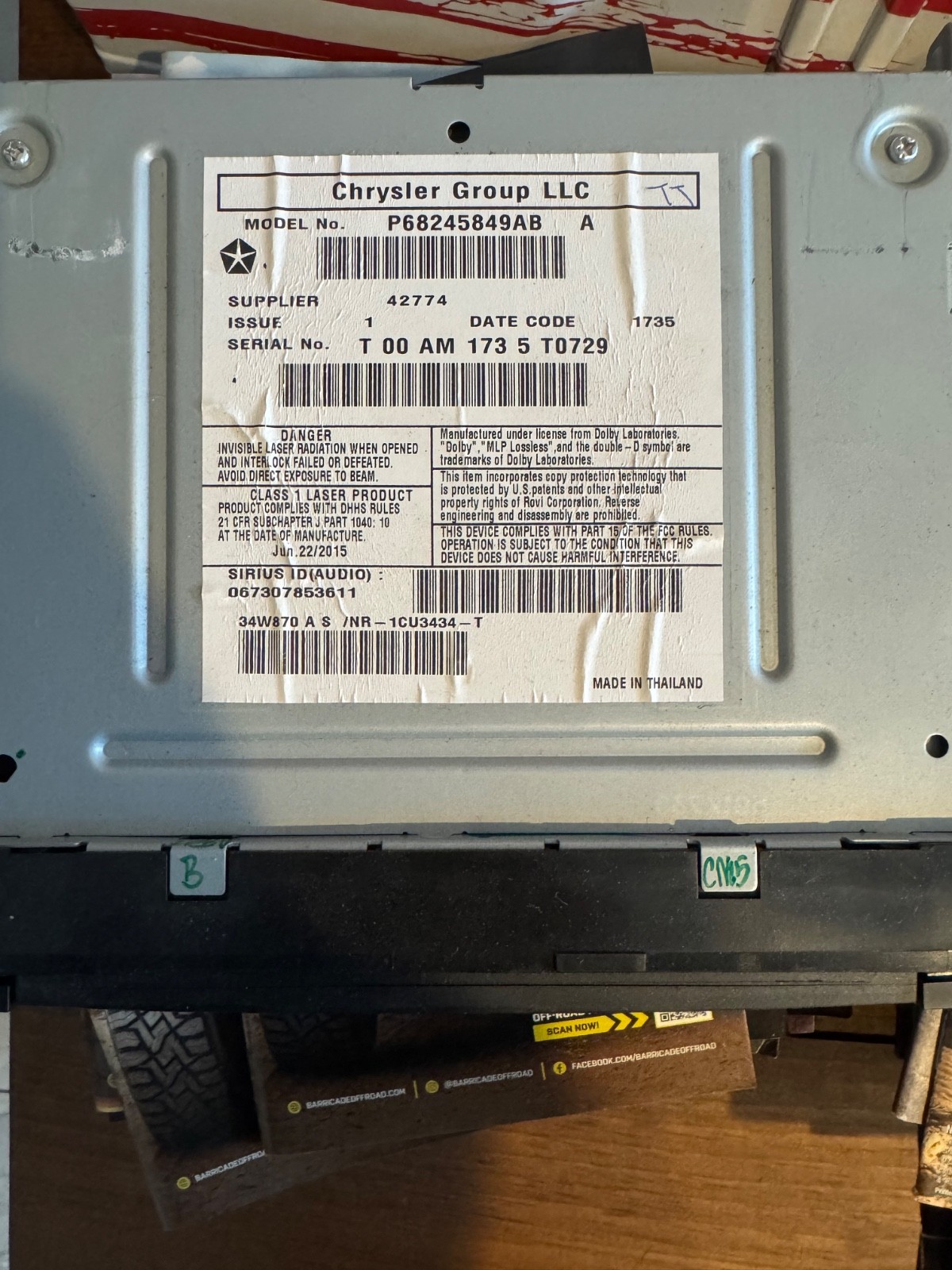 2011-2018 Chrysler Dodge Jeep Durango Sirius Radio CD HDD OEM P68245849AB Works