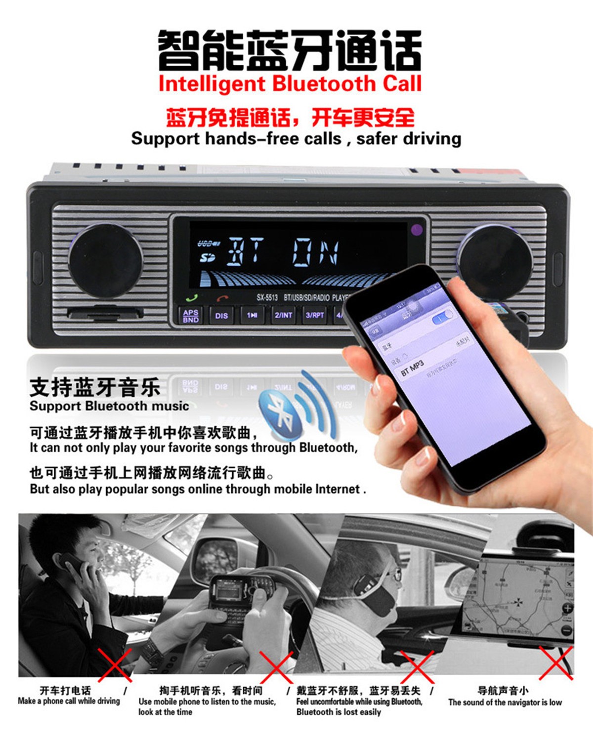 Car In-Dash MP3 Stereo Radio Player Bluetooth 4-Channel Output FM USB AUX In SD