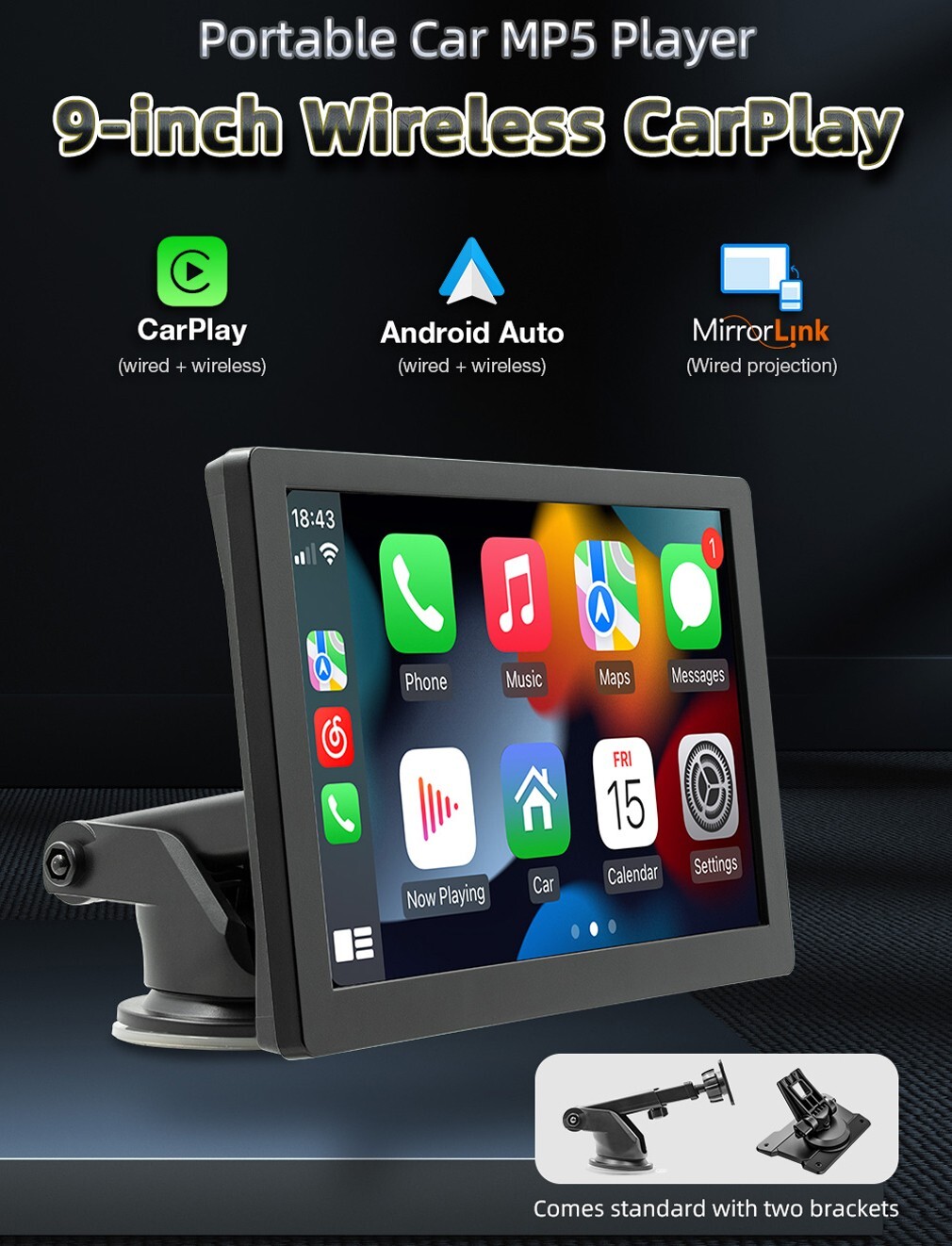 9Inch Car Stereo MP5 Player For Wireless Carplay/Android Auto BT 5.0 Mirror link