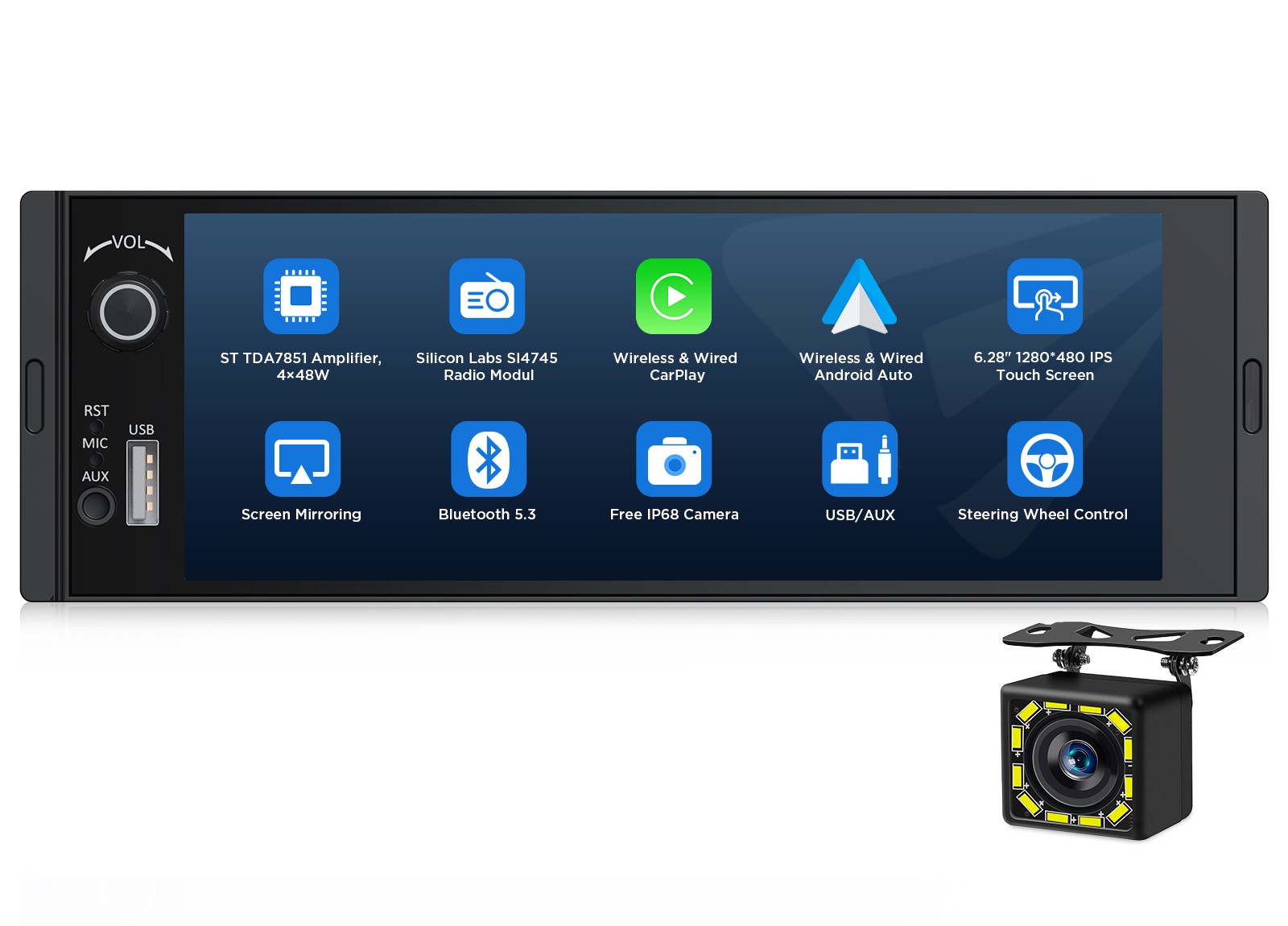 1 DIN 6.28″ IPS Android Auto Car Stereo CarPlay GPS Navi Universal Fit with RDS