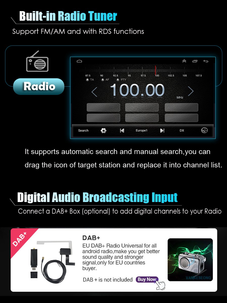 Universal 1DIN Android Car Radio Bluetooth GPS Sat Nav USB DAB+ CarPlay WIFI 64GB
