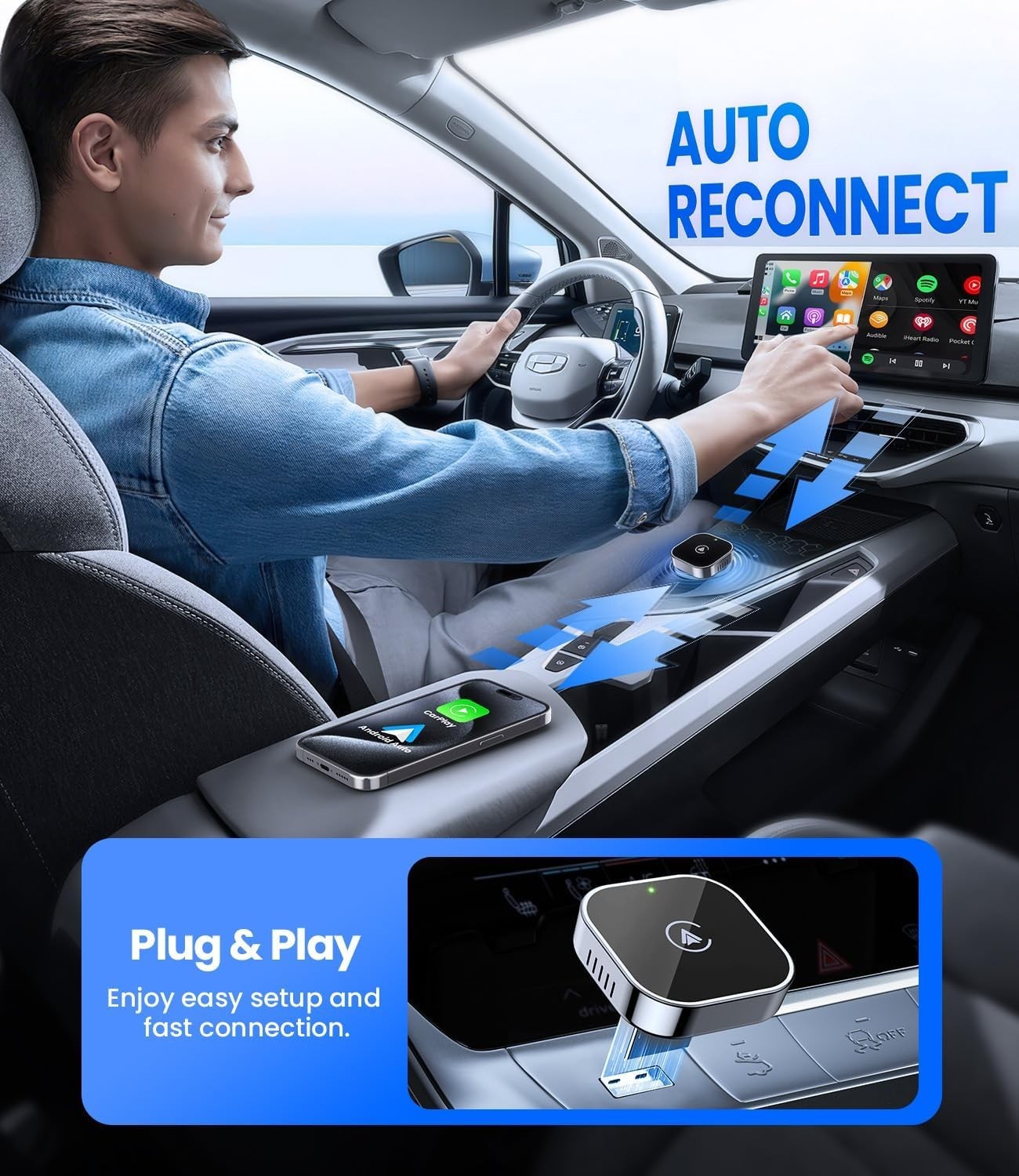 2-in-1 Wireless Adapter CarPlay & Android IOS Adapter USB Dongle Plug & Play