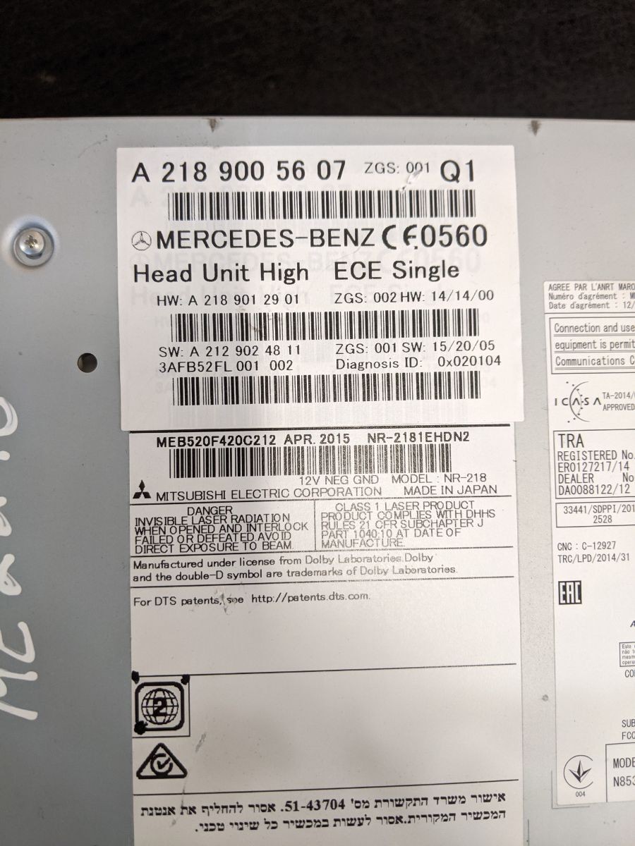 MERCEDES E-CLASS S212 SAT NAV CD RADIO HEAD PLAYER CONTROL UNIT A2189005607