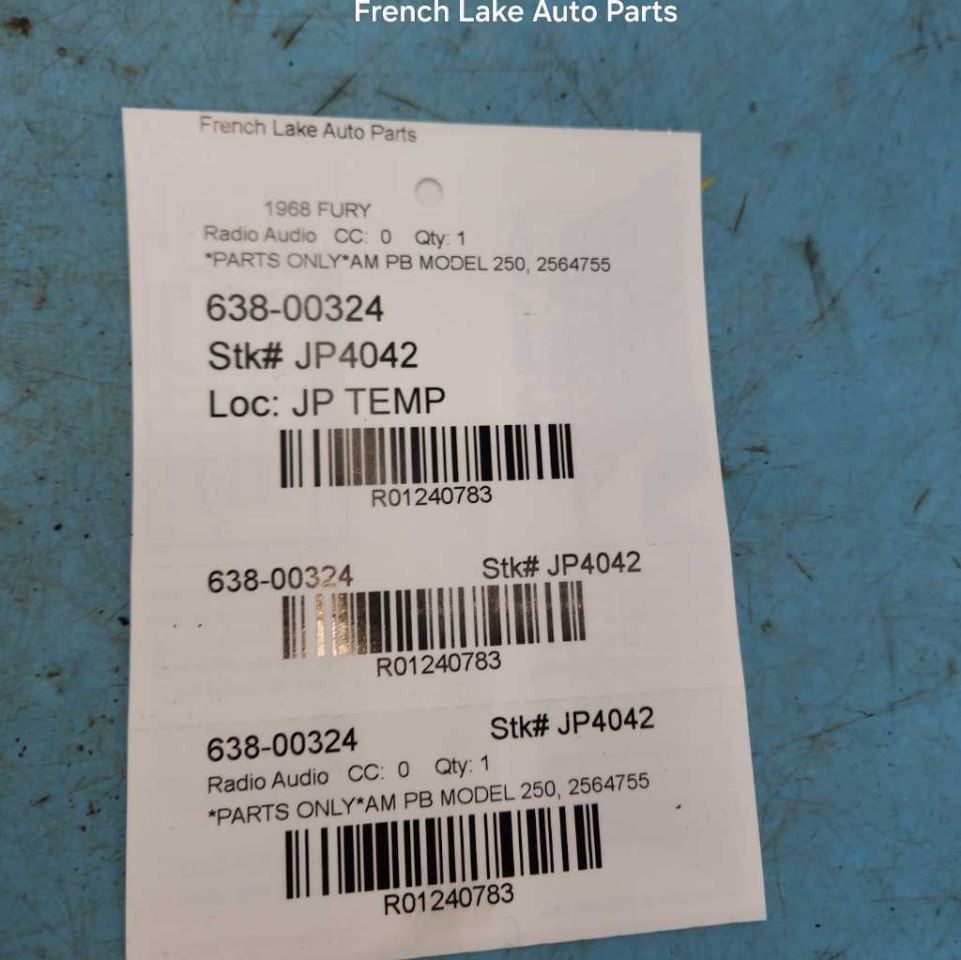 UNTESTED Radio “MODEL 250” 2564755 Fits 1968 PLYMOUTH FURY 1240783