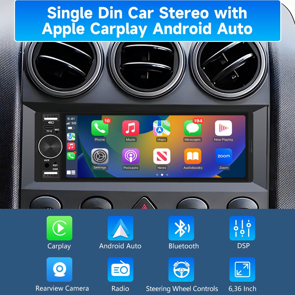 6.28″Rear Camera CarPlay Android Auto For Universal Car Stereo Multimedia Player