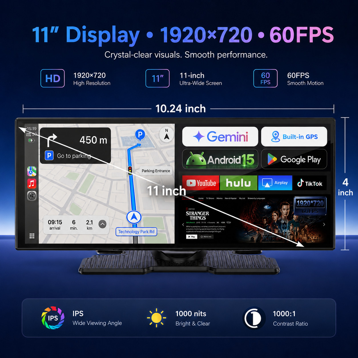 LAMTTO RC32 11″ Portable CarPlay Screen Android 15 Wireless Android Auto GPS
