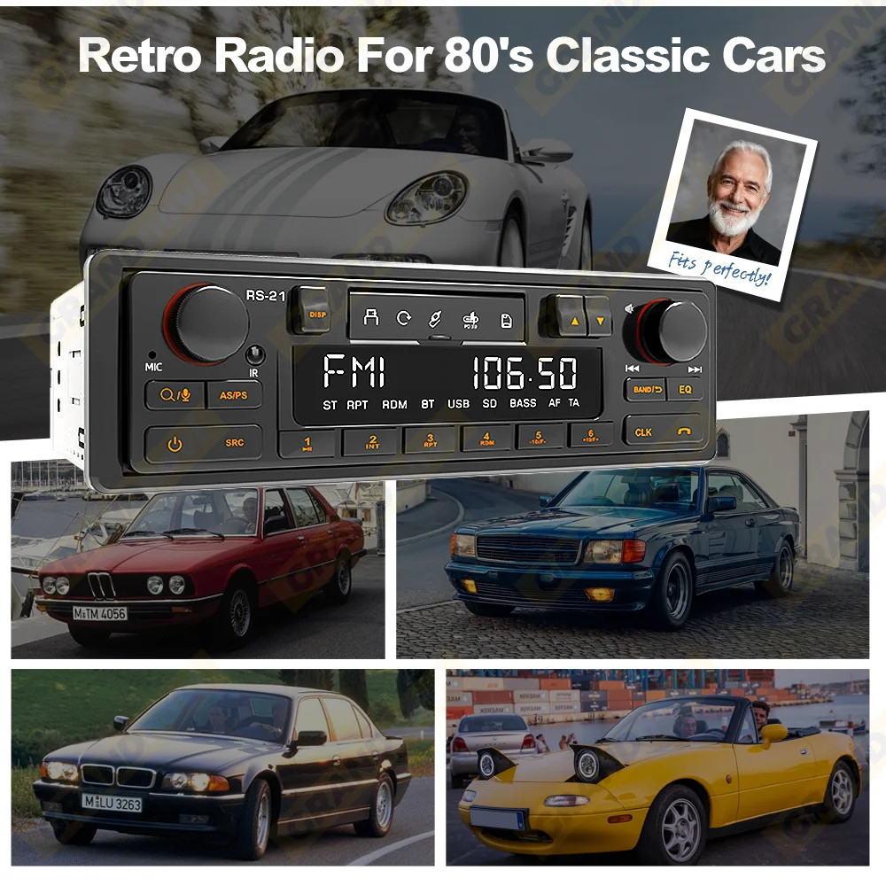 1DIN Retro Car Radio MP3 Player Bluetooth AM FM RDS Classic Stereo