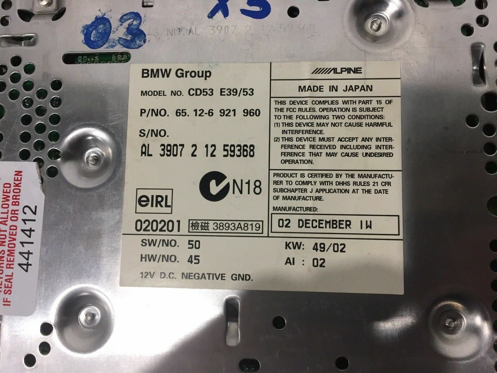 00 01 02 03 04 05 06 BMW X5 Business CD player 65.12-6 921 960 E53 oem