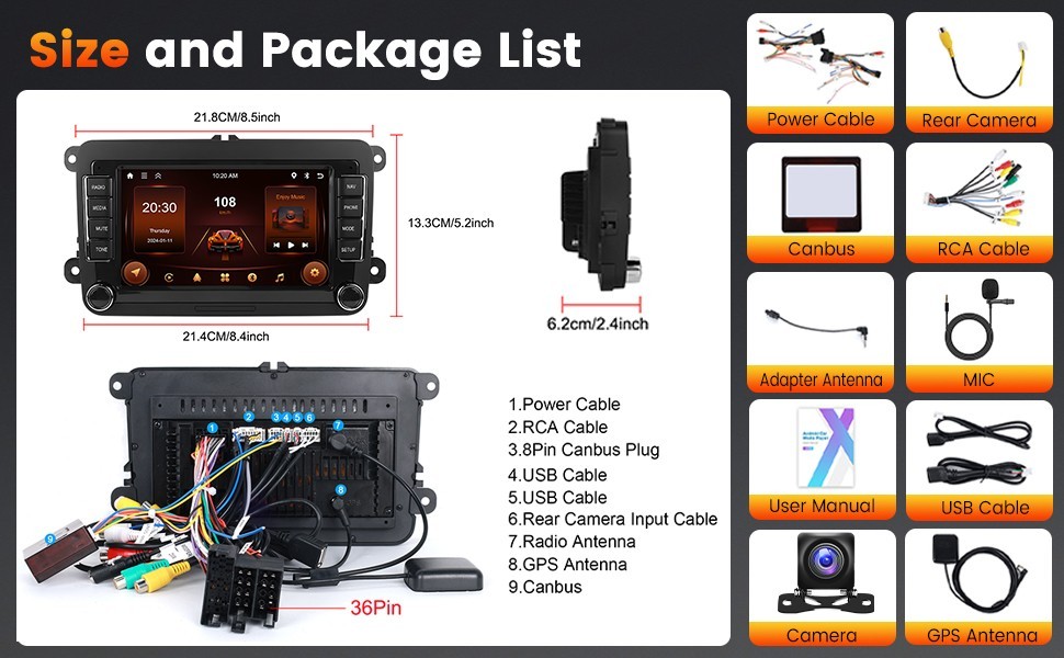 Podofo 2G+64G 7″ HD IPS Touchscreen Android Car Stereo Radio Wireless CarPlay