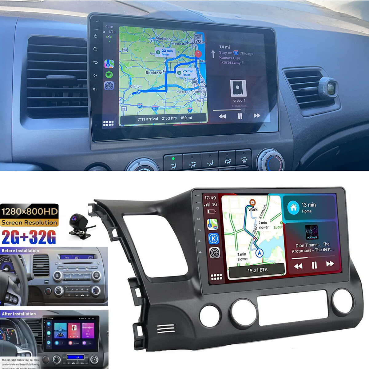 Apple Carplay For Honda Civic 2006-2011 Car Stereo Radio Android 12 OS GPS Navi