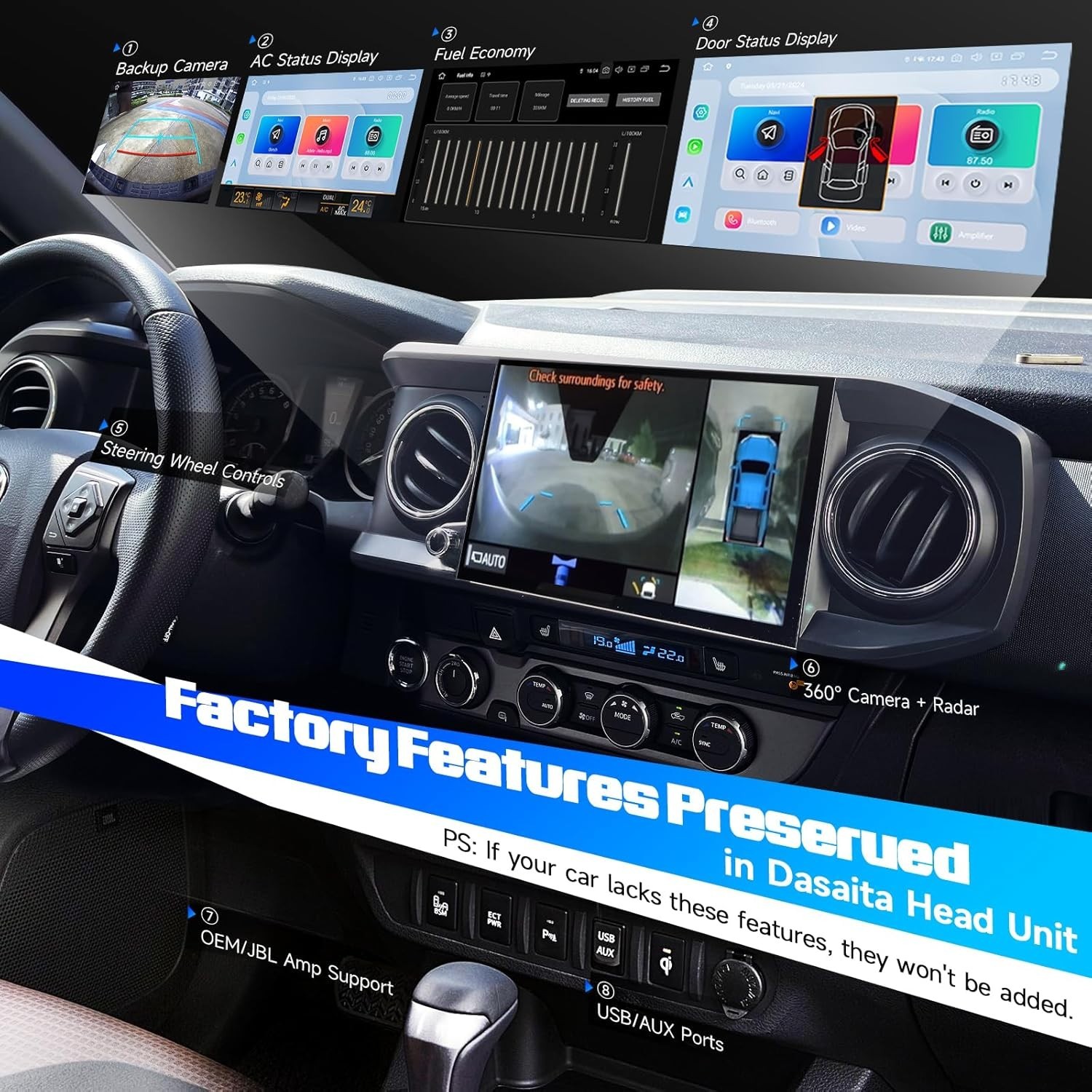 Dasaita Car Stereo for Toyota Tacoma 2016-2023 CarPlay WiFi GPS Navigation Gray