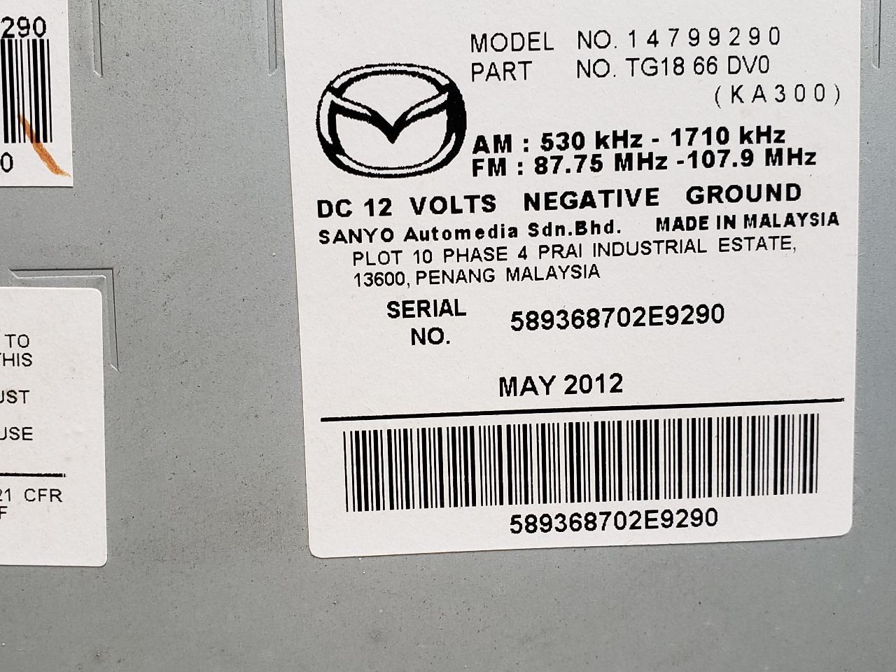 2011-2012, Mazda CX-9, Audio Equipment Radio Receiver, TG1866DV0, OEM