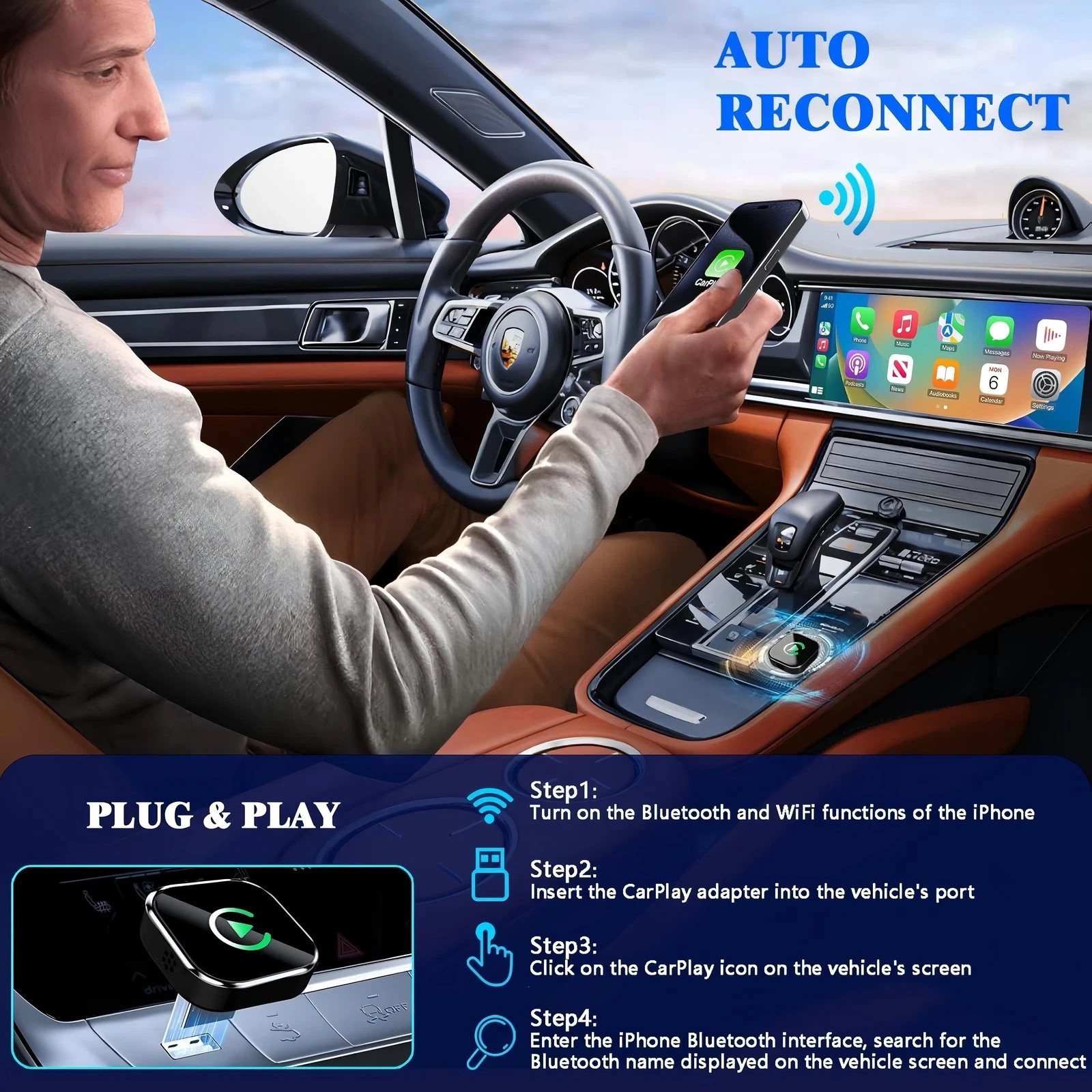 Wireless CarPlay Adapter for Apple iPhone & Android Auto USB Adapter Plug & Play